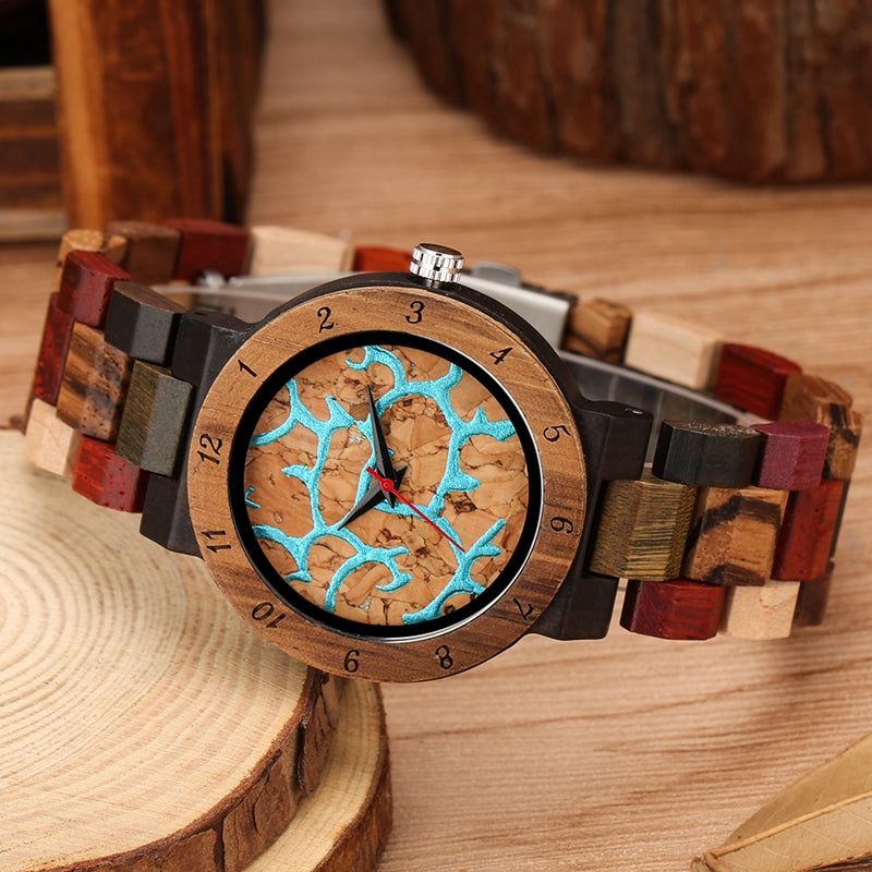 Irregular Blue Lines Watch Women Fashion Wooden Watch Vintage