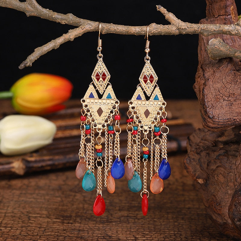 Bohemian Antique Gold Plated Long Water Drop Tassel Earrings