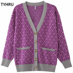 Knitting Sweater Color Matching Diamond Lattice Single-Breasted Loose Casual Knitted Cardigan