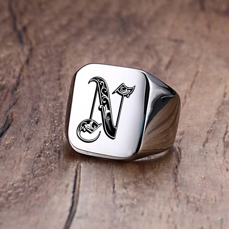 Retro Initials Signet Ring for Men 18mm Bulky Heavy Stamp Male Band Stainless Steel Letters Custom