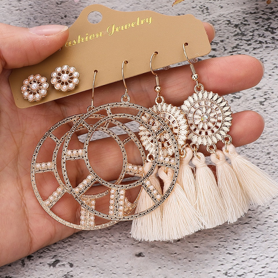 Big Round Beige White Tassel Earrings Set Ethnic Vintage Bohemian