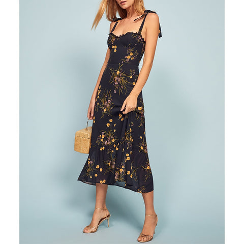 Dresses Elegant Vintage Floral Dress Frill Sweetheart Neck