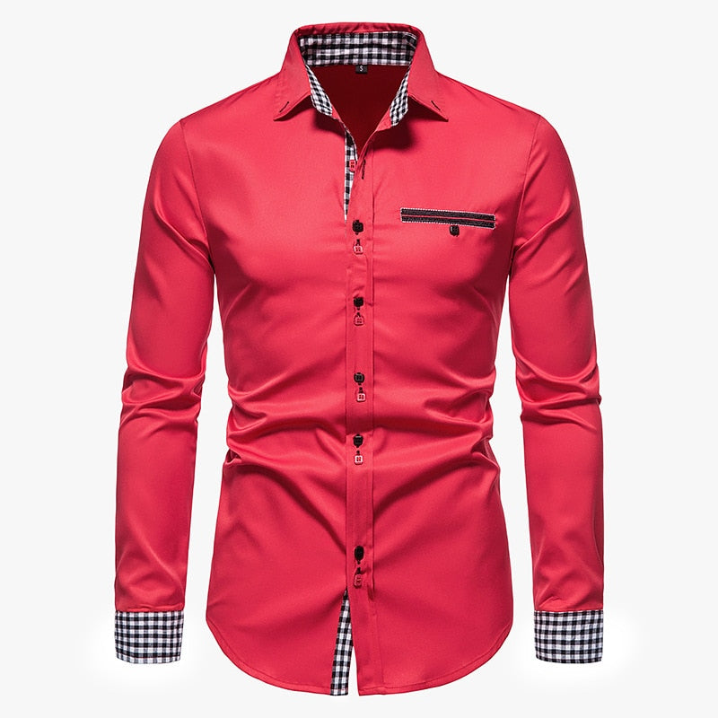 Plaid Patchwork Formal Shirts for Men Slim Long Sleeve White Button Up Shirt Dress