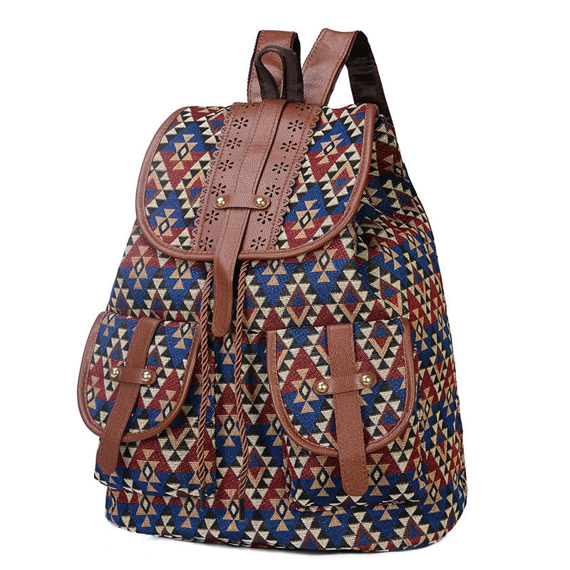 style backpack retro pattern canvas female bag fashion travel drawstring backpack