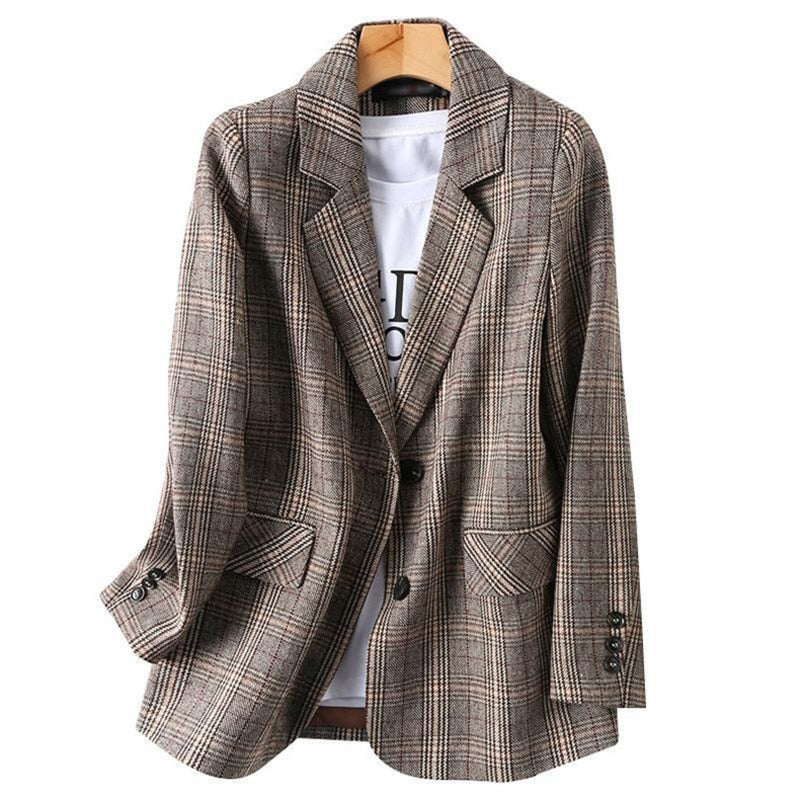 Vintage Single Breasted Office Ladies Plaid Blazer Long Sleeve Loose Plaid Coat