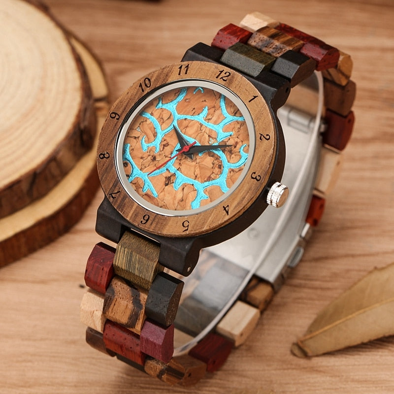 Irregular Blue Lines Watch Women Fashion Wooden Watch Vintage