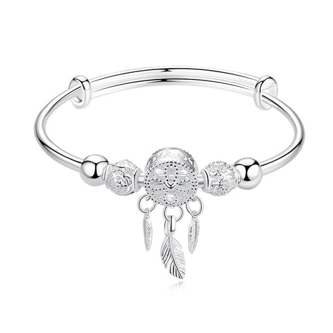Adjustable Silver Color Dreamcatcher Tassel Feather Round Bead Charm Bracelet