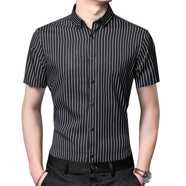 Short Sleeve Strech Striped Shirts Men Soft Regular Fit no Front Pocket