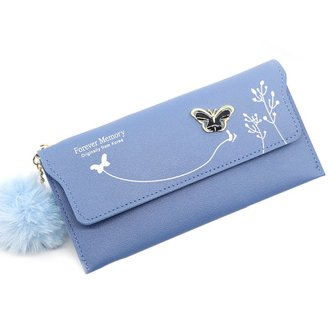 Long Wallets Pure Color Wool Ball Bow Clutch Bag