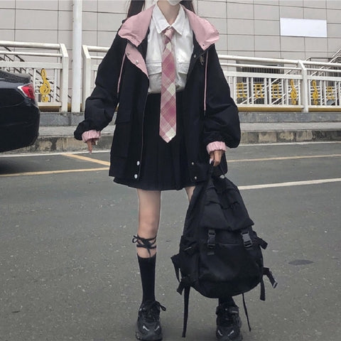 women casual punk streetwear jacket loose pockets long-sleeved hooded