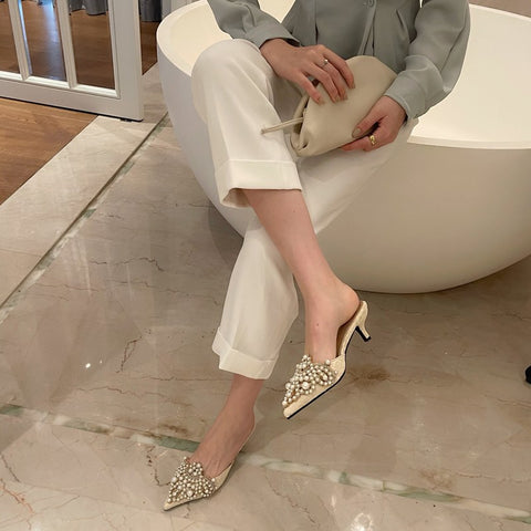 Shoes Elegant Beaded Crystal Lace Patchwork One Pedal Stiletto Slippers