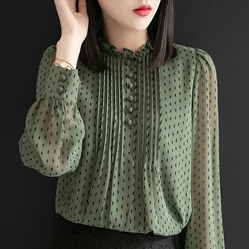 Women Style Chiffon Blouses Shirts Lady Casual Long Sleeve O-Neck Polka Dot