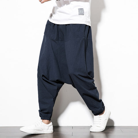 Cotton Harem Pants Men Solid Elastic Waist Streetwear Joggers
