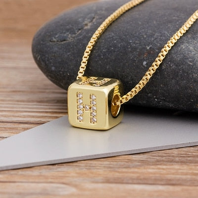 A-Z Initials Micro Pave Copper CZ Cube Letter Pendant Necklaces