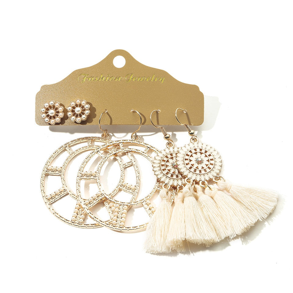 Big Round Beige White Tassel Earrings Set Ethnic Vintage Bohemian