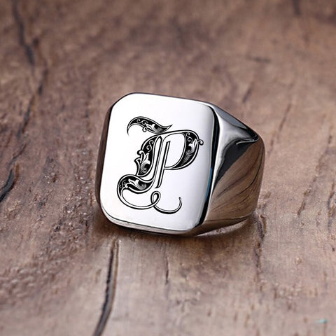 Retro Initials Signet Ring for Men 18mm Bulky Heavy Stamp Male Band Stainless Steel Letters Custom