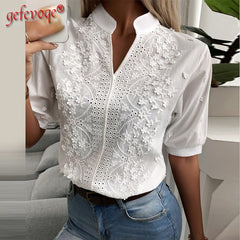 Chic Solid Hollow-out V Neck Lace Blouse Floral Patterns Embroidery