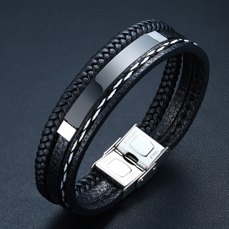 Multi Layer Leather Bracelets for Men Customizable Engraving Stainless Steel Casual