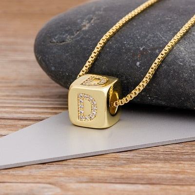 A-Z Initials Micro Pave Copper CZ Cube Letter Pendant Necklaces