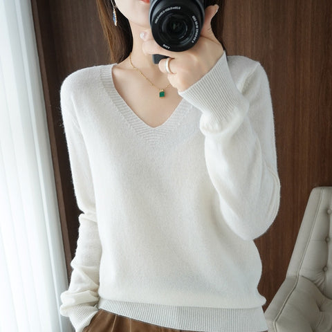 Sweater Knitted Pullovers V-neck Slim Fit Bottoming Shirt Solid Soft Knitwear