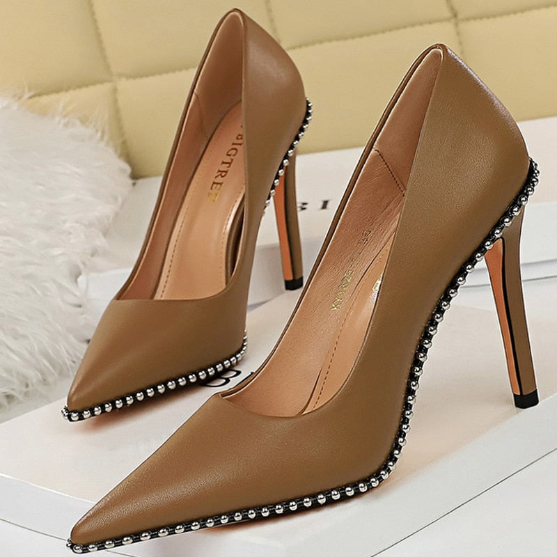 Shoes Rivet Woman Pumps High Heels Stiletto Pu Leather