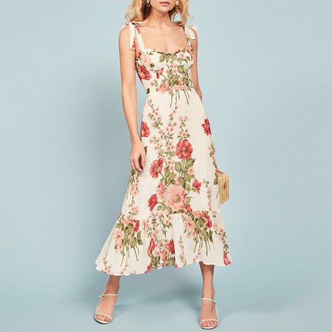 Dresses Elegant Vintage Floral Dress Frill Sweetheart Neck