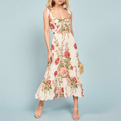 Dresses Elegant Vintage Floral Dress Frill Sweetheart Neck