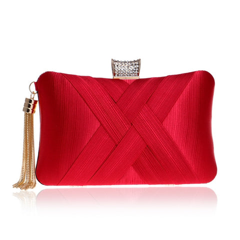 Tassel Golden Women Clutch Bags Diamonds Satin Criss Cross Chain Shoulder