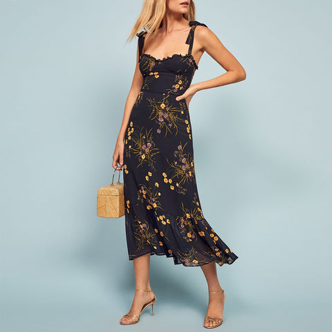Dresses Elegant Vintage Floral Dress Frill Sweetheart Neck