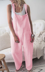 Casual Loose Solid Pockets Jumpsuit Overalls Wide Leg Cropped Pants