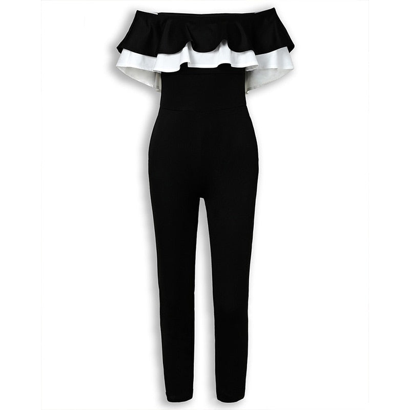 Women Off Shoulder Color block Ruffles Bodycon Jumpsuit Streetwear