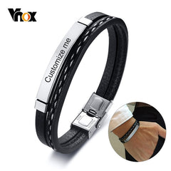 Multi Layer Leather Bracelets for Men Customizable Engraving Stainless Steel Casual