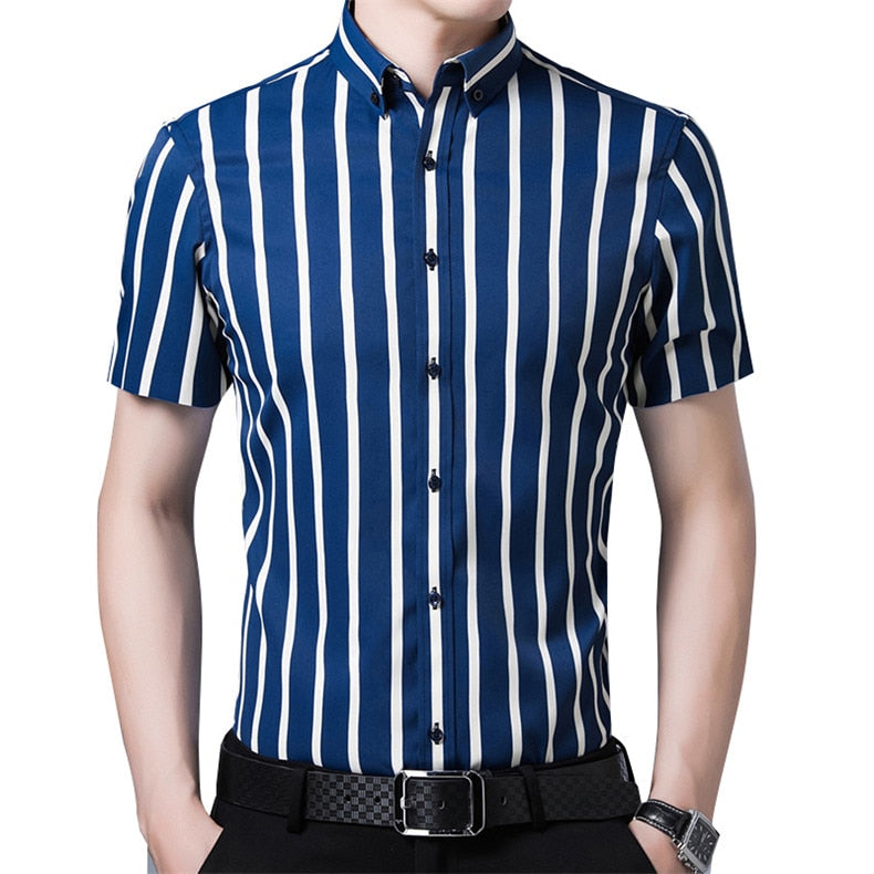 Short Sleeve Strech Striped Shirts Men Soft Regular Fit no Front Pocket