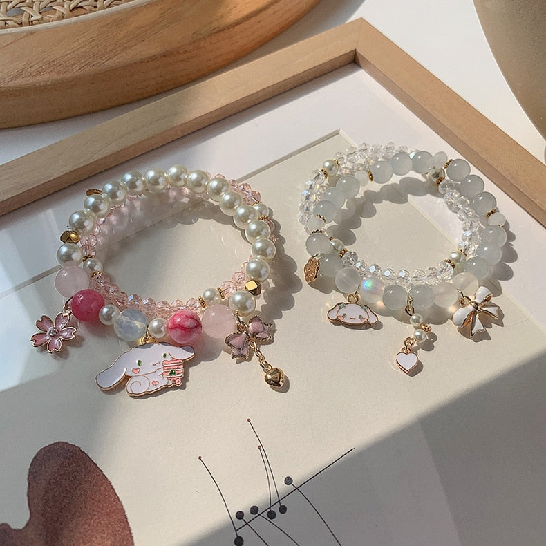 Simulated Pearl Cartoon Flower Sweet Cute 2 Pcs Charm Beaded Bracelets