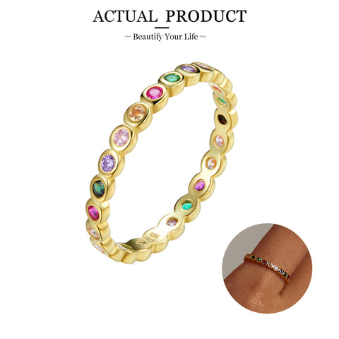 Silver Fashion Rainbow Round Rings Dazzling Zircon Heart Finger Rings