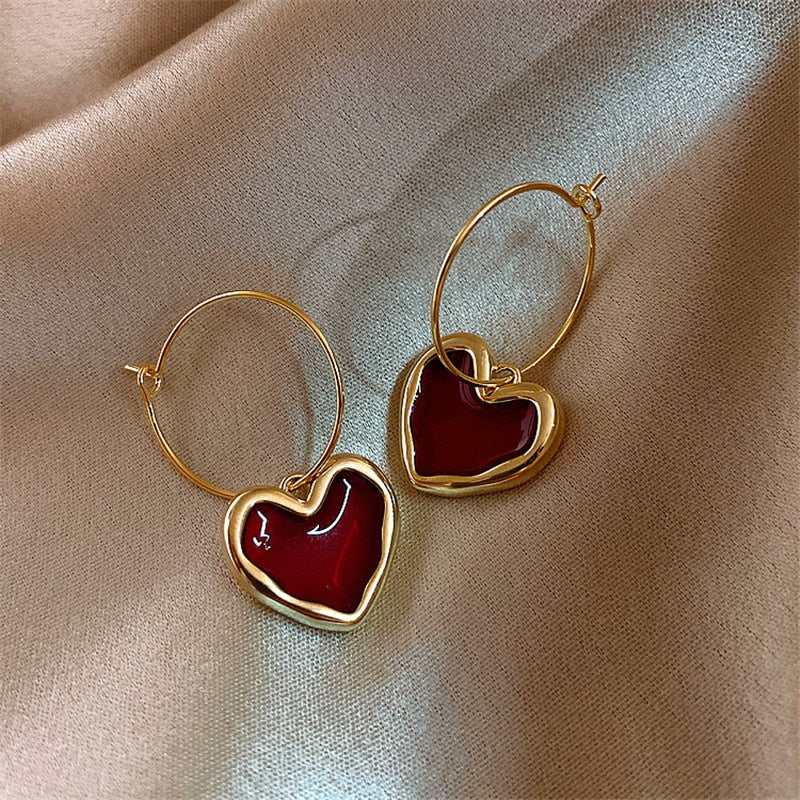 Sweet Burgundy Enamel Heart Earrings