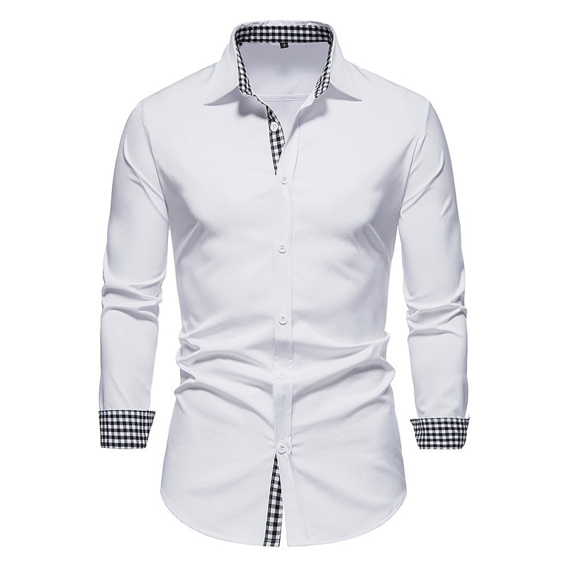 Plaid Patchwork Formal Shirts for Men Slim Long Sleeve White Button Up Shirt Dress