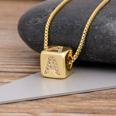 A-Z Initials Micro Pave Copper CZ Cube Letter Pendant Necklaces