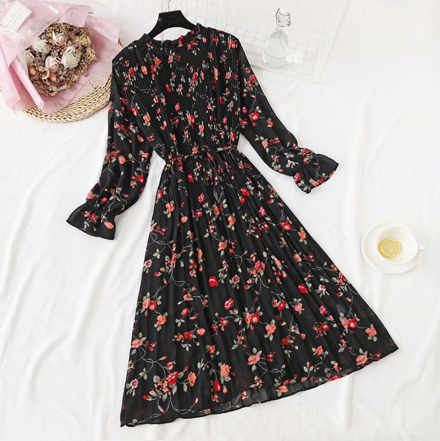 Elegant Polka Dot Women Dress Casual Flare Sleeve Office Chiffon Dot Print