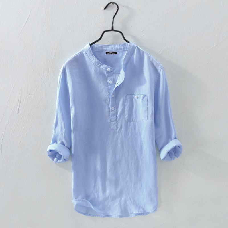 Men Shirt Cotton 3/4 Sleeve Stand Collar Harajuku Tops Solid Color