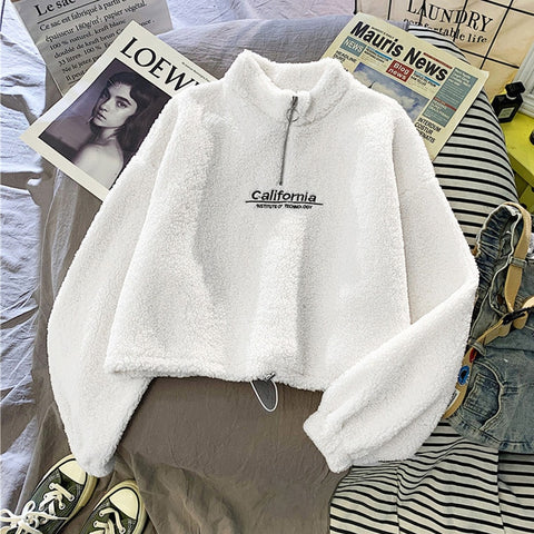 Women Hoodie Lamb Wool Short Half High Collar Sweatshirt