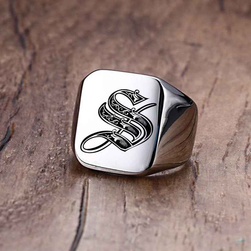 Retro Initials Signet Ring for Men 18mm Bulky Heavy Stamp Male Band Stainless Steel Letters Custom