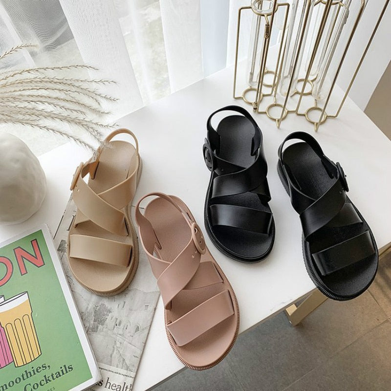 Flat Sandals Women Shoes Gladiator Open Toe Buckle Soft Jelly Sandals