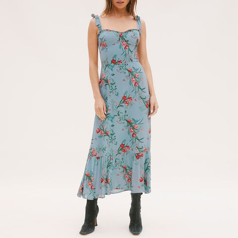 Dresses Elegant Vintage Floral Dress Frill Sweetheart Neck