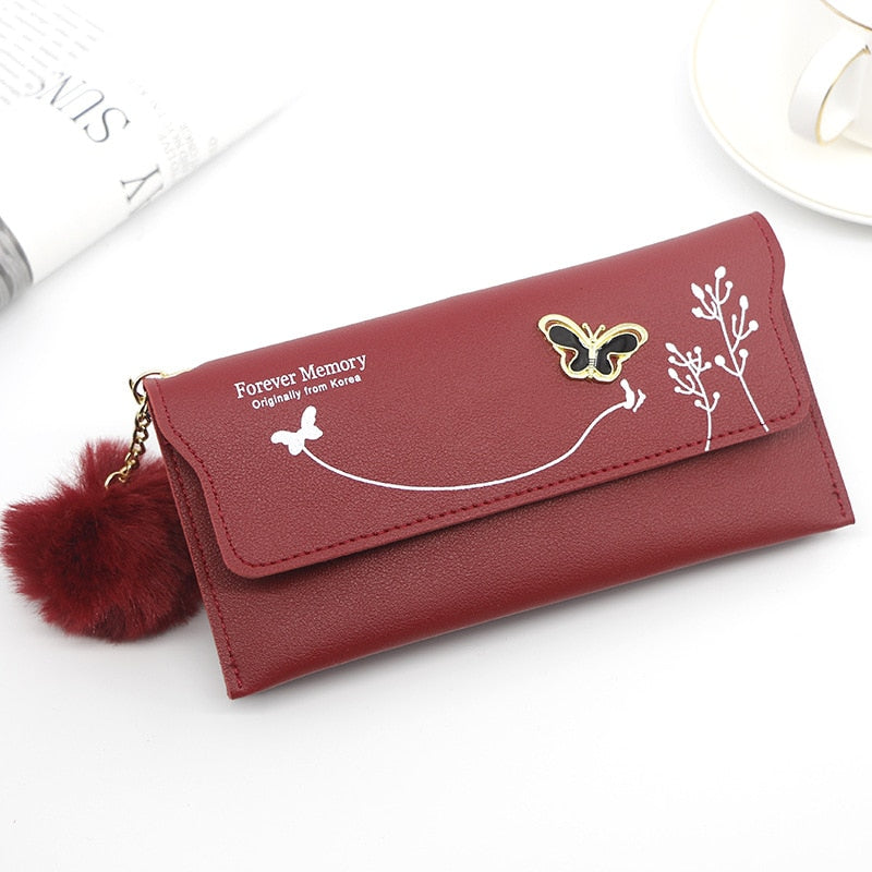 Long Wallets Pure Color Wool Ball Bow Clutch Bag