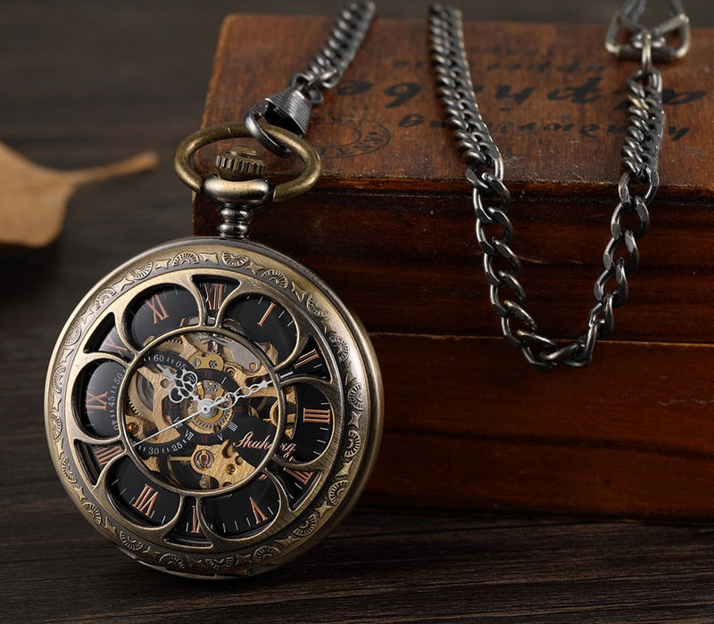 Bronze Mechanical Hand Wind Pocket Watches Roman Numeral