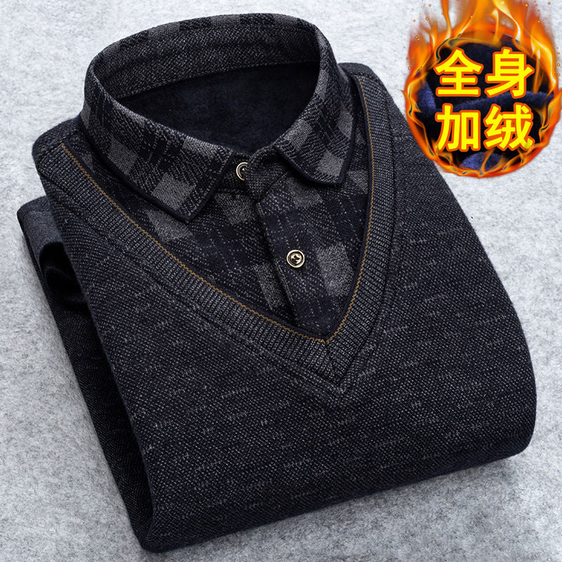 Man Fleece Shirt-collar Sweater Fashion Grid Solid Thicken Warm Sweater