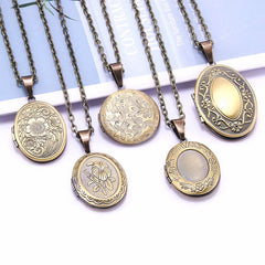 Unique Carved Design Copper Oval Photo Frame Pendant Necklace Charm