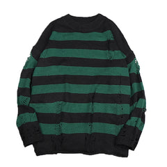Black Stripe Sweaters Destroyed Ripped Sweater Pullover