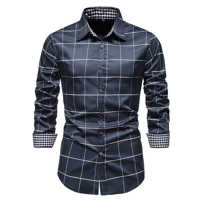 Plaid Patchwork Formal Shirts for Men Slim Long Sleeve White Button Up Shirt Dress